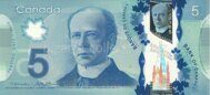Подлинная банкнота Канады 5 долларов 2013 г. (полимерная)